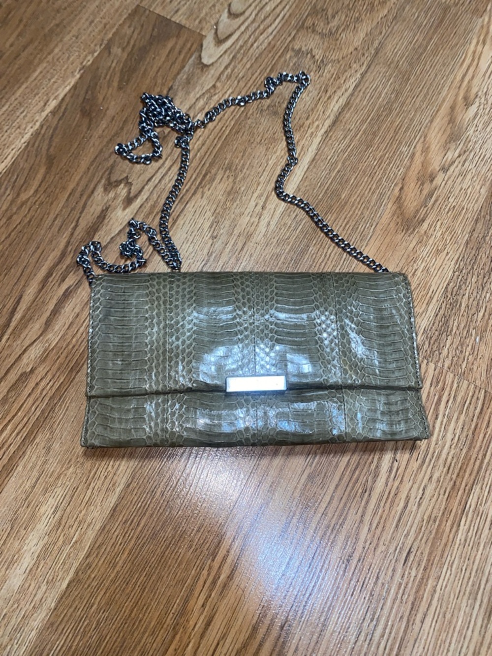 LOEFFLER RANDALL Olive Green snake skin Textured Chain Crossbody Clutch